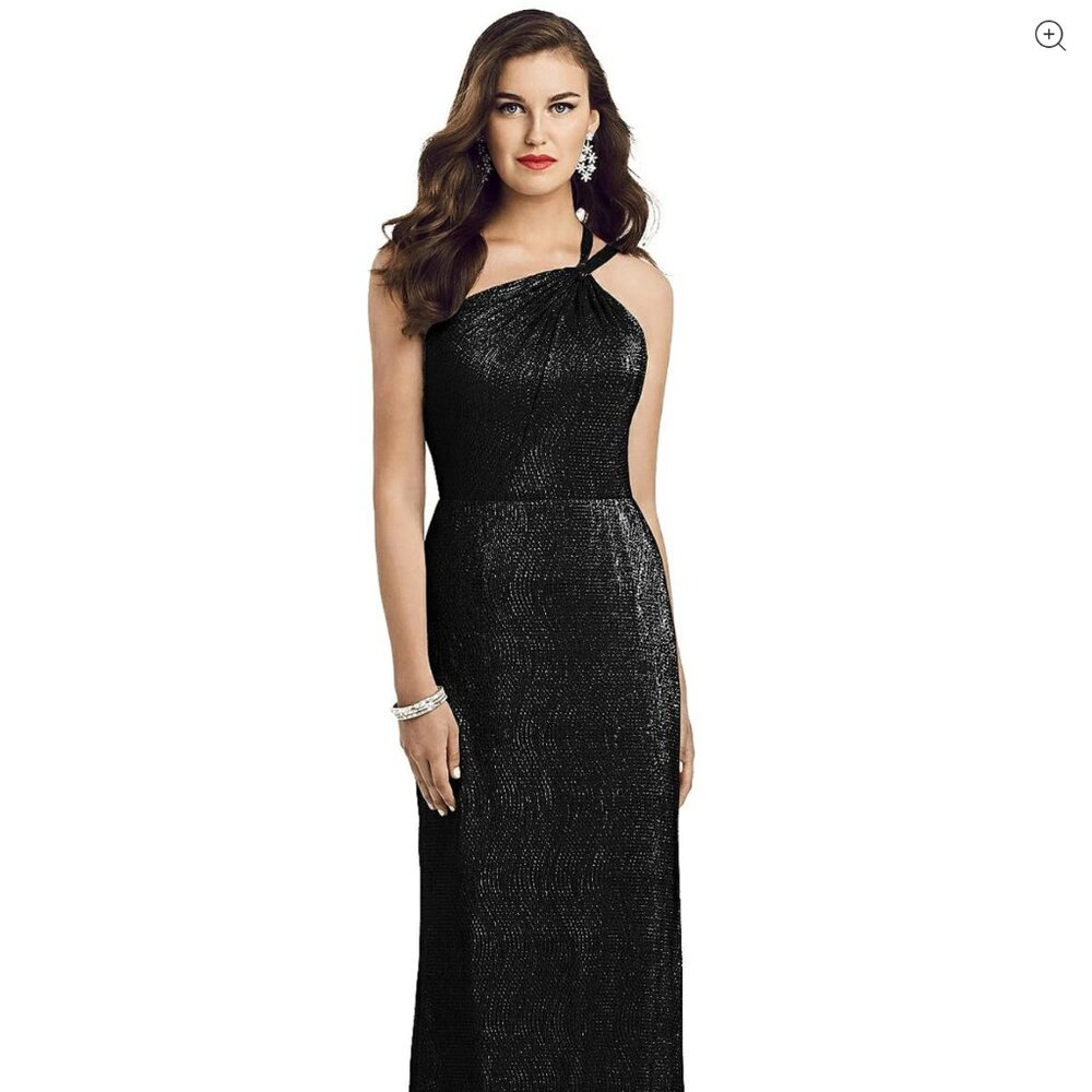 Dessy Collection One-Shoulder Twist Metallic Trumpet Gown